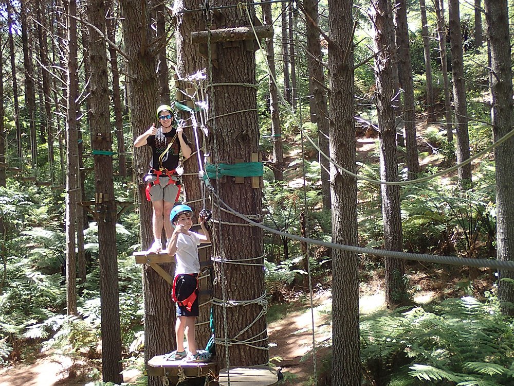 Judah and Apollo on ropes course at Adventure Forest.